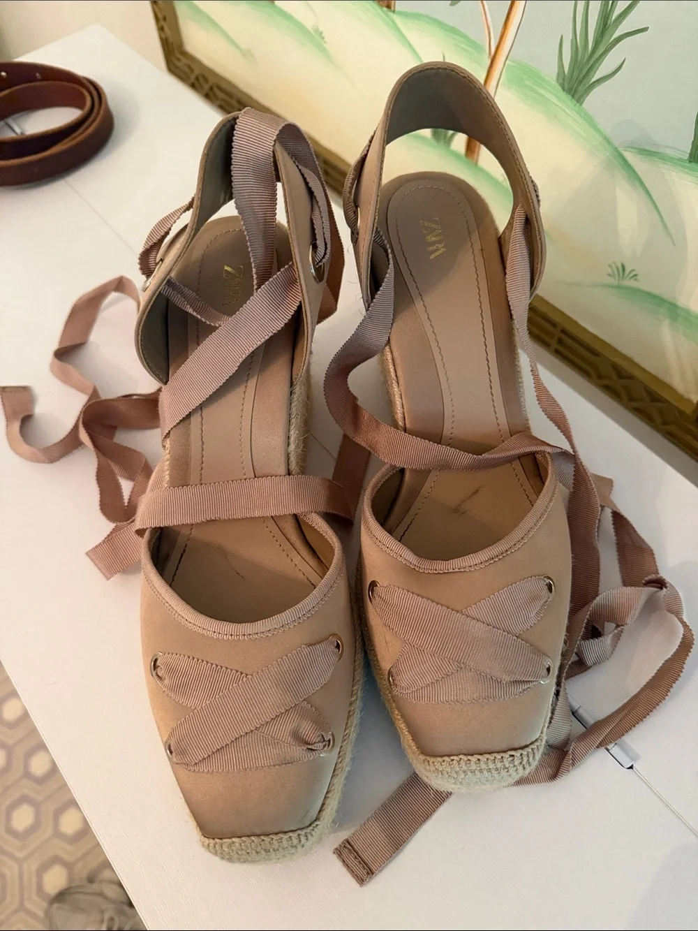 Zara Taupe Espadrille Wedge Sandals with Ankle Ribbon